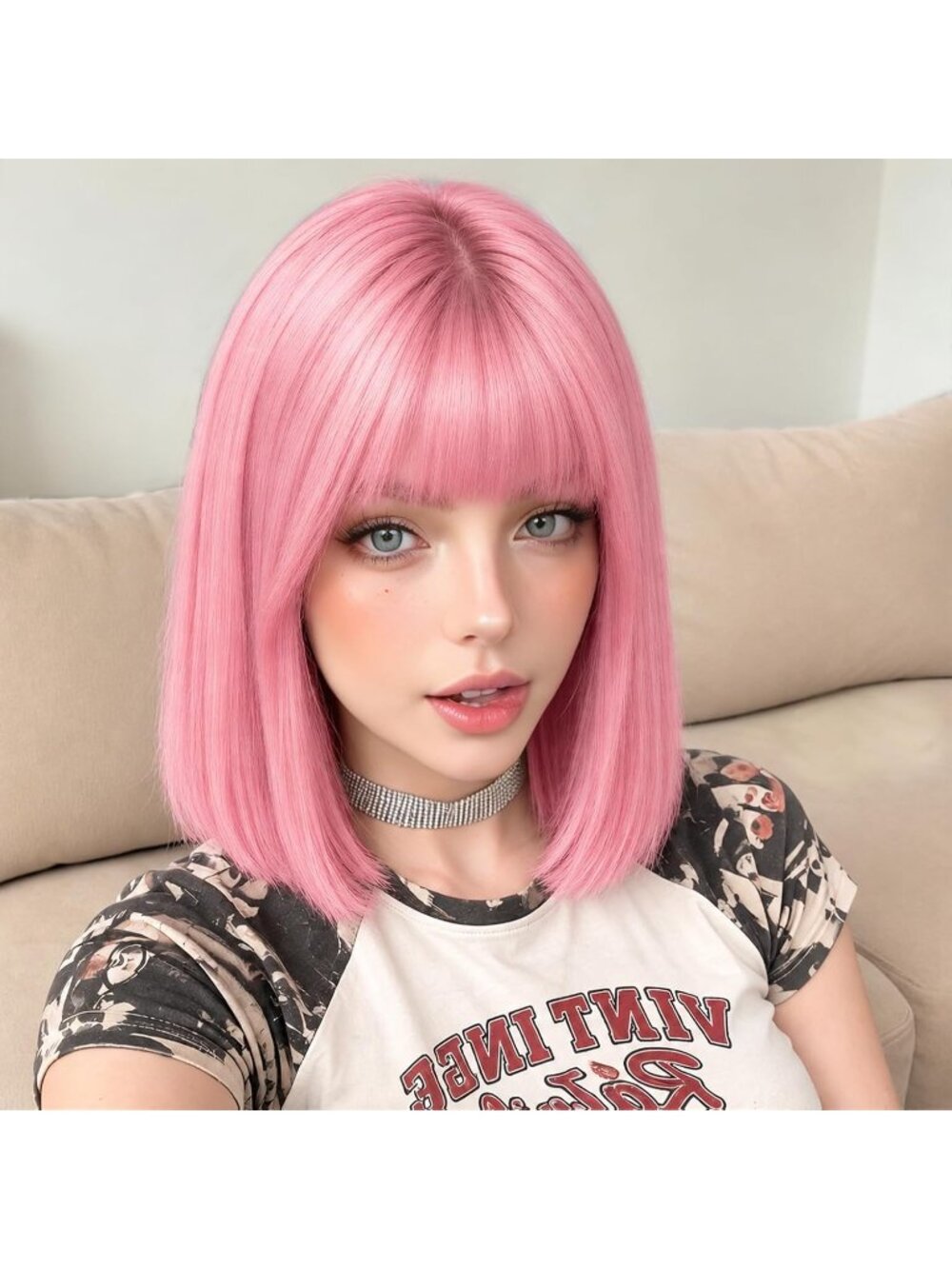 Women's Pink 11 Inch Heat Resistant Synthetic Short Straight Wigs Bangs